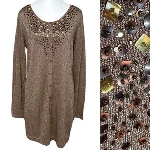 Chico’s Embellished Metallic Glitter Long Cardigan Holiday Glam Sequins Size 1/M